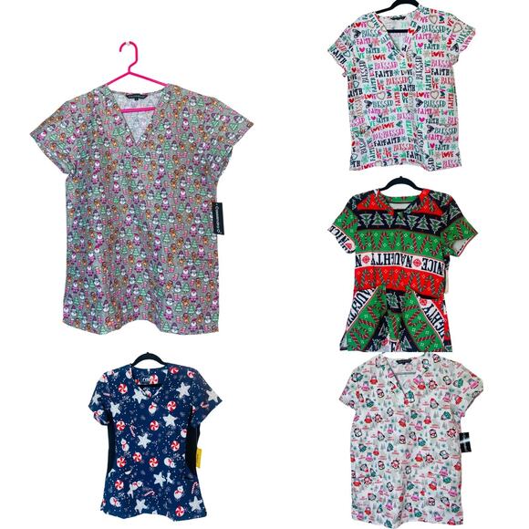 4203 Womens Scrub Tops V Neck Holiday Multicolor lot of 5 Small Santa Snowman - Picture 1 of 15